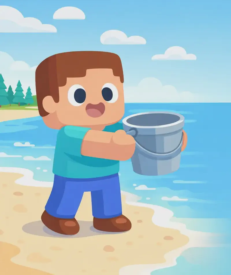 On the left side of the image, Steve stands on a sandy beach at the water's edge, facing toward the viewer at a three-quarter angle with a determined, excited expression, holding a grey bucket out in front of him. He has a large square head, short brown hair, light peach skin, large round dark-blue eyes, and wears a teal/cyan short-sleeve t-shirt, blue pants, and dark brown shoes. The outdoor scene shows a bright daytime sky with scattered clouds, a calm ocean in the background with gentle waves lapping at the shore, and a tree line of evergreen trees along the distant shore. The right side of the image has open sky and ocean suitable for text overlay.