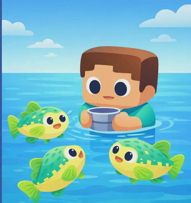 On the right side of the image, Steve sits submerged in the shallow ocean water up to his shoulders, holding a grey bucket just above the waterline, staying very still with a quiet, focused expression. He has a large square head, short brown hair, light peach skin, and the top of his teal/cyan short-sleeve t-shirt is visible above the water. Several Cod swim up close to him in the shallow water, approaching naively. Each Cod has a round, chubby body with a pale yellow underbelly, green-and-teal patterned back with small rectangular spot markings, large round black eyes with white highlights, and lime-green fins. The scene is set outdoors on a bright day with a blue sky and wispy clouds, with the open sea stretching to the horizon. The left side of the image is occupied by a large dark blue text overlay area.