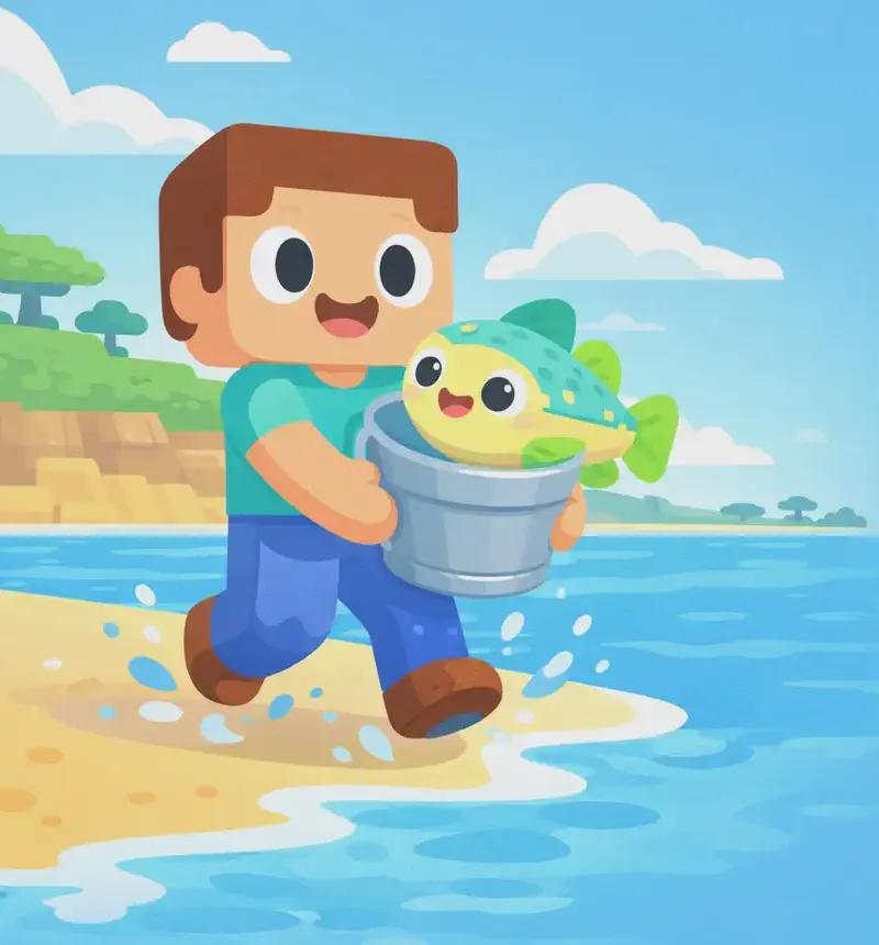 On the left side of the image, Steve stands on a sandy beach at the edge of the sea, jumping or stepping triumphantly out of the shallow water with an excited, proud expression. He has a large square head, short brown hair, light peach skin, large round dark-blue eyes, and wears a teal/cyan short-sleeve t-shirt, blue pants, and dark brown shoes — visibly wet. He holds a grey bucket in both hands, and inside the bucket Cod is visible — a round, chubby fish with a pale yellow underbelly, green-and-teal patterned back, large round black eyes, and lime-green fins, flopping in the bucket. The ocean stretches out behind him under a daytime sky with scattered clouds, and green terrain with trees is visible in the background. The right side of the image is open sky and background suitable for text overlay.