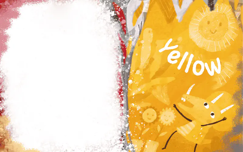 A bright yellow page with the word Yellow displayed, featuring a cheerful yellow dinosaur, smiling sun, and flowers against a sunny backdrop.