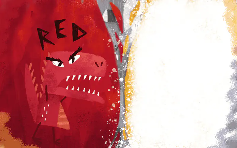 A fierce red dinosaur with sharp teeth against a bold red background with the word RED displayed above in dark letters.