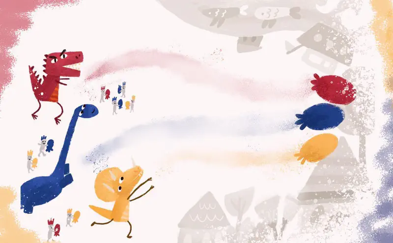 Red, blue, and yellow dinosaurs with fairy creatures throwing paint balls in all three primary colors against a village backdrop.