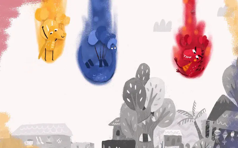 Three dinosaurs diving down from the sky in streaks of yellow, blue, and red paint toward a grey village below.