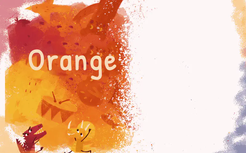 An orange paint splash with the word Orange displayed, showing a red dinosaur and yellow dinosaur whose colors blend into orange.