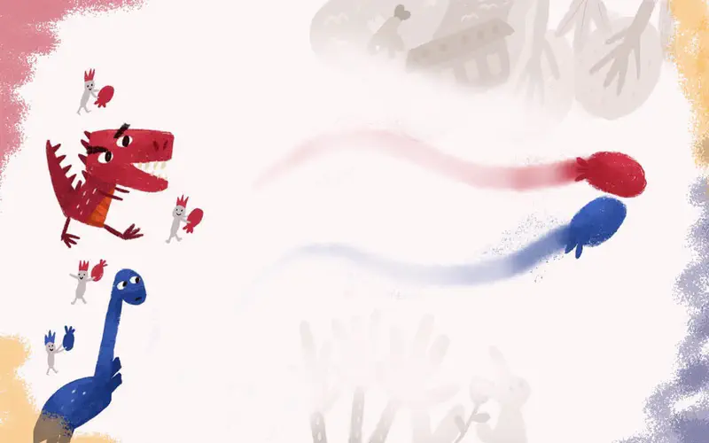 A red dinosaur and blue long-necked dinosaur with fairy creatures throwing red and blue paint balls that blend into purple trails.