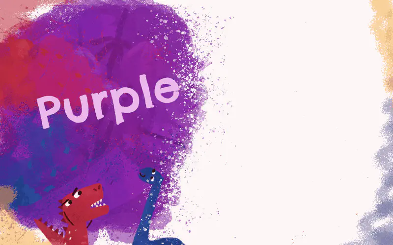 A purple paint explosion with the word Purple displayed, showing a red dinosaur and blue dinosaur whose colors blend together into purple.