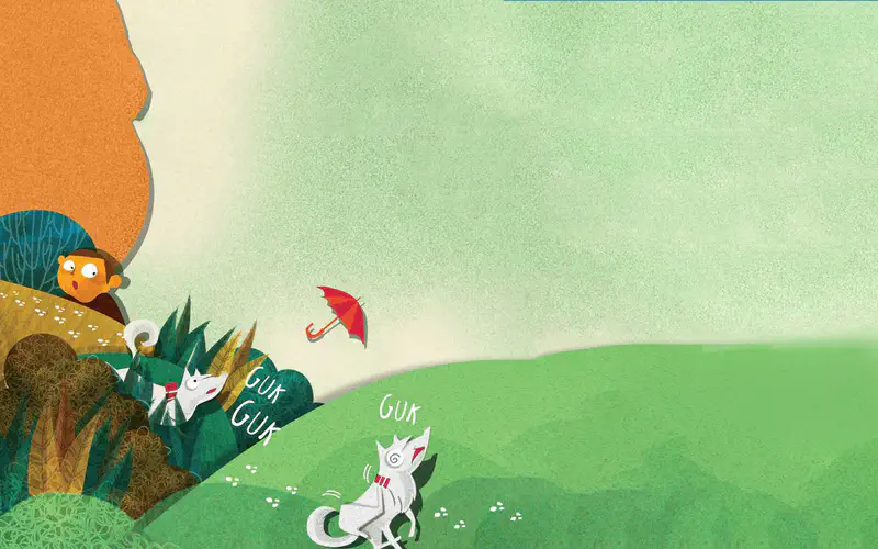 Rex the white dog barks and runs across a green meadow chasing a red umbrella while the boy watches from behind bushes.