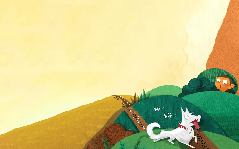 Rex pants while running along a hillside path as the boy peeks out from behind an orange tree in the distance.