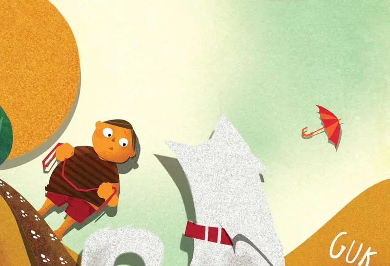 A boy in a striped shirt chases his white dog Rex up a hill while a red umbrella blows away in the wind.