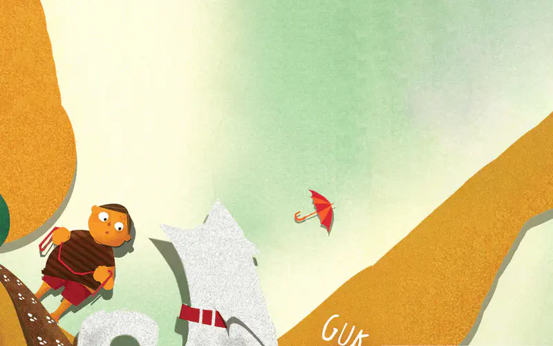 The boy in a striped shirt and Rex the white dog look up at a red umbrella floating between golden hills.