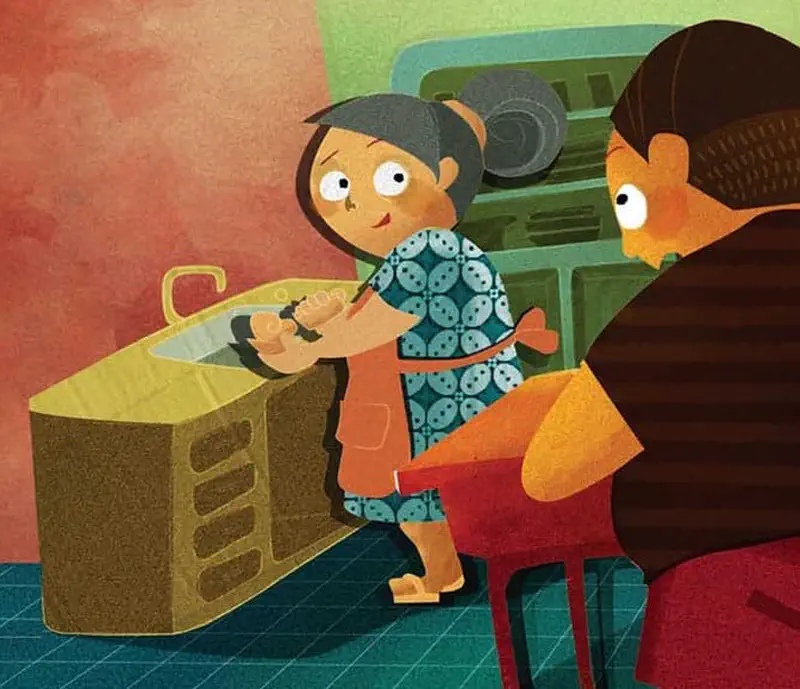 A girl in a patterned dress washes dishes at the kitchen sink while the boy watches from behind in a colorful room.