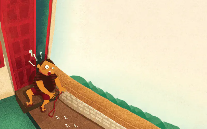 The boy looks surprised at the open red door holding a leash as Rex has run away down the brick path.