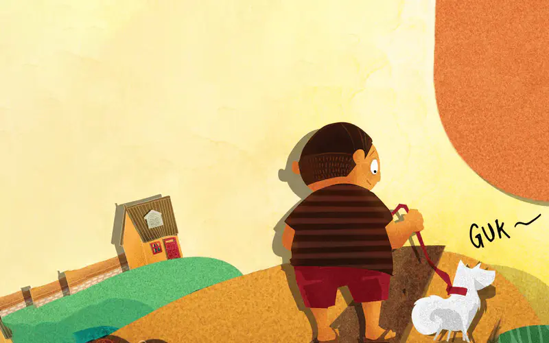 The boy in a striped shirt holds Rex's leash while looking toward their house as Rex barks excitedly.