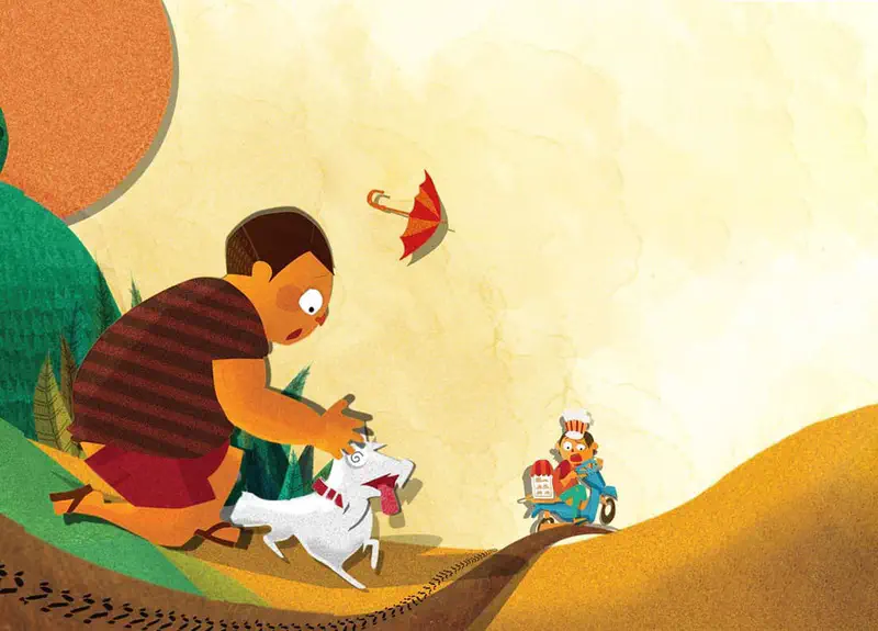 The boy catches Rex on a hillside path while a delivery person on a scooter approaches and a red umbrella floats overhead.