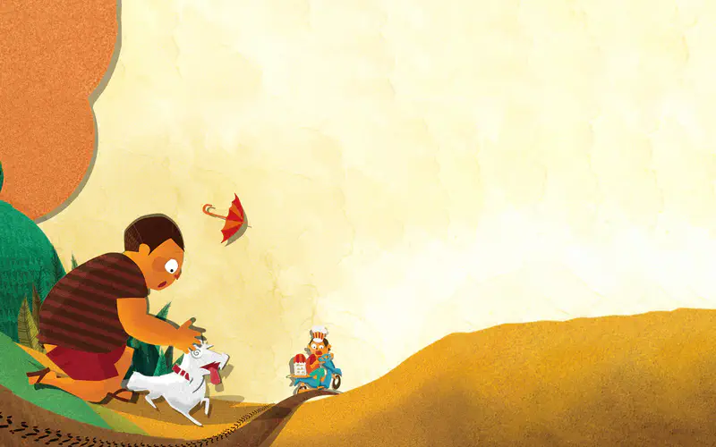 The boy catches Rex on a hillside while a delivery person on a scooter approaches and a red umbrella floats overhead.