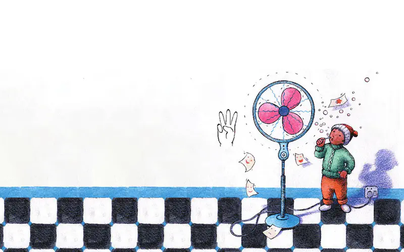 A child blows bubbles near a pink fan on a checkered floor while papers flutter, with a hand showing three fingers nearby.