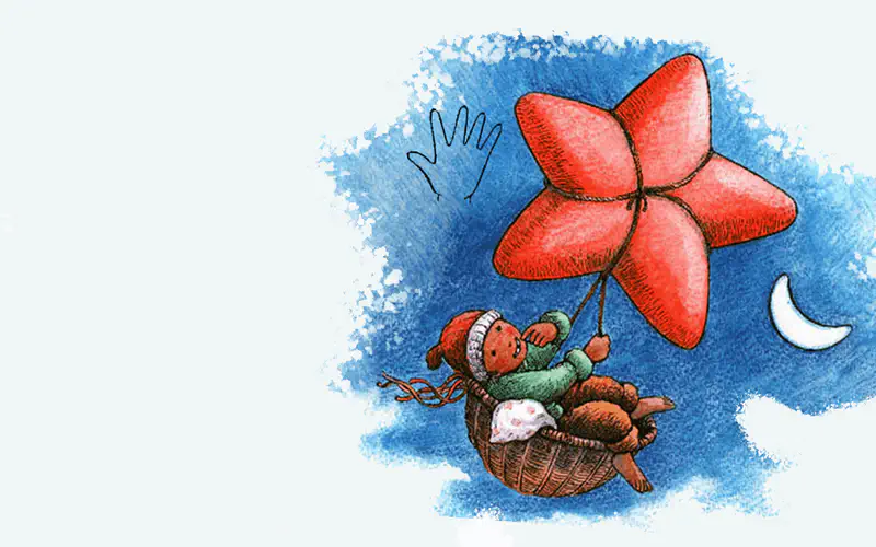 A child floats in a basket carried by a red star-shaped balloon through a blue night sky with a crescent moon and hand showing five.