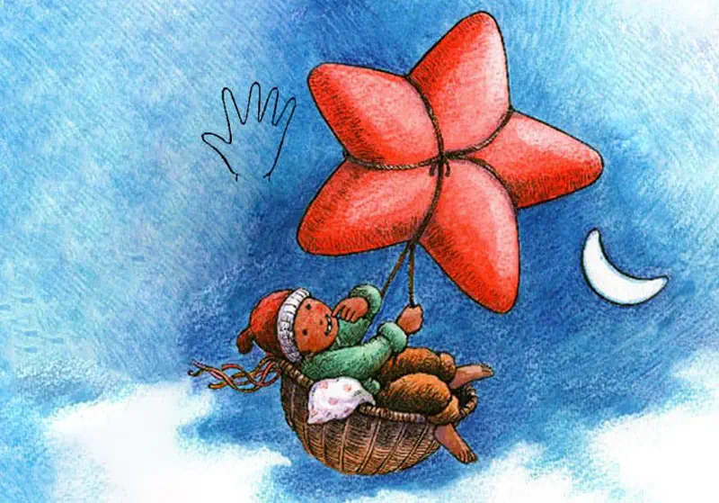 A child floats through a blue night sky in a basket carried by a red star-shaped balloon, with a crescent moon nearby.