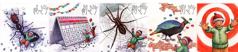 A collage of five counting scenes with hand gestures showing ants, a calendar, a spider web, a bird, and the main character.