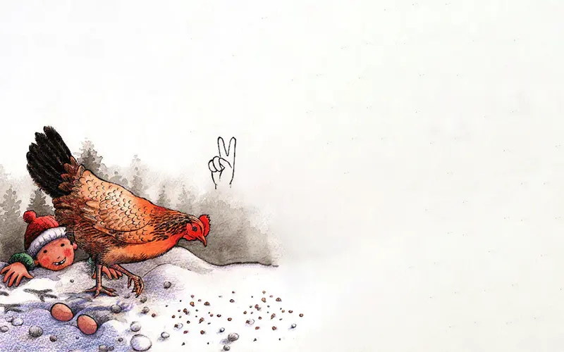 A brown hen pecks at seeds in the snow while a child peeks from behind, with a hand showing two fingers above.