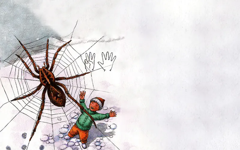 A large spider sits on its web while a child in winter clothes stands below, with a hand showing eight fingers nearby.
