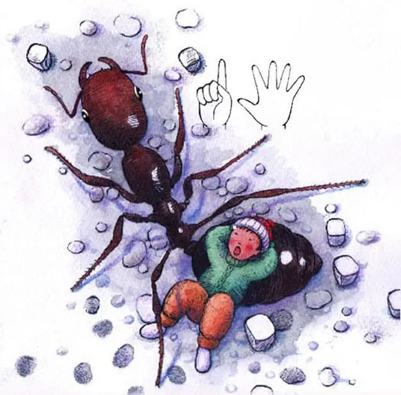 A child rides on the back of a giant ant through snow and ice cubes, with hand signs showing six nearby.