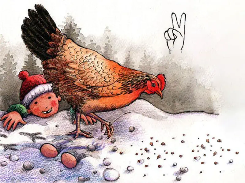 A child peeks from behind a brown hen pecking at seeds in the snow, with two eggs nearby and a hand showing two.