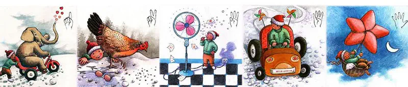 A collage strip showing five counting scenes with an elephant, hen, fan, toy car, and star balloon, each with hand gestures.