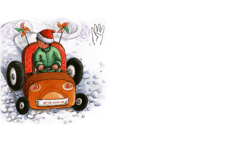 A child in winter clothes drives an orange toy car with spinning pinwheels through the snow, with a hand showing four fingers.