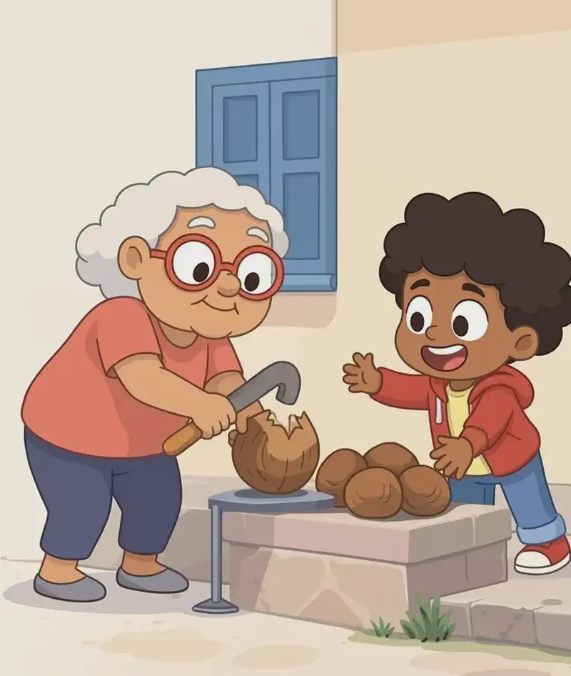 On the right side of the image, Gran stands leaning forward with a determined expression, gripping a large coconut husk and using a tool to cut through it. The child stands nearby on the far right, smiling and reaching forward eagerly to help or receive the coconut. They are positioned on a low stone ledge or step outside the front of a suburban American home, with a blue-shuttered window visible behind them. A small pile of coconuts sits on the ledge between them. The scene is set outdoors in warm daylight.