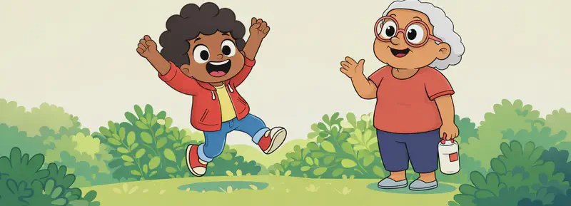 In the lower half of the image, the child is jumping joyfully among lush garden plants with both arms raised high and a wide, excited grin. Gran stands to the right, smiling warmly and looking at the child with one hand raised in a gentle gesture, holding a water bottle in her other hand. They are outdoors in a sunny backyard garden surrounded by green leafy bushes and plants, with a plain pale yellow sky filling the top half of the image.
