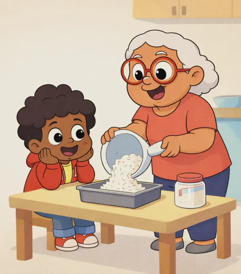 On the right side of the image, Gran stands at a small table, smiling warmly as she tips a bowl of shredded coconut into a rectangular baking tin. The child sits beside her at the table, resting their chin on their hands with an eager, excited expression, watching Gran work. The table holds a glass jar and other baking supplies. The scene is set indoors in a cozy kitchen with a plain wall behind them, giving a warm, domestic feel.