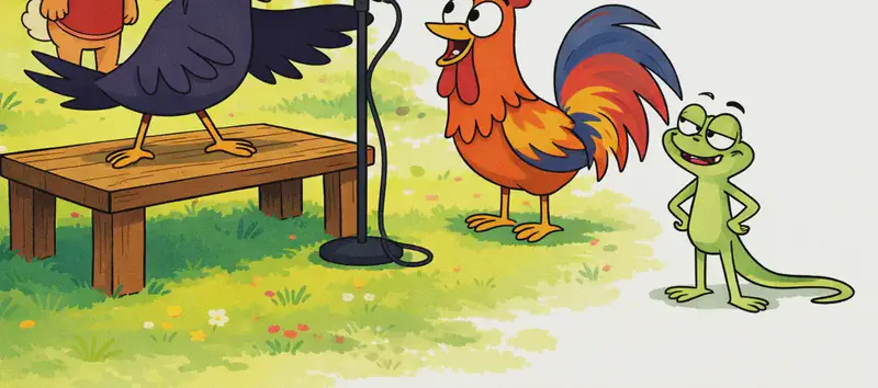 On the left side of the image, Crow stands on a small wooden stage (the bench from the previous page), wings spread wide as he sets up a microphone on a tall stand. Rabbit stands nearby, looking on with a curious expression and ears perked up. Rooster stands to the right of the stage, watching Crow with wide eyes and interest. Lizard stands further back, leaning in toward the stage with a smile and curiosity. The scene is set outdoors in a sunny, grassy park area beneath a large leafy tree, with soft dappled light and scattered wildflowers on the ground. The right ~40% of the image is plain white background. A small blue bird is perched on the tree in the upper left.