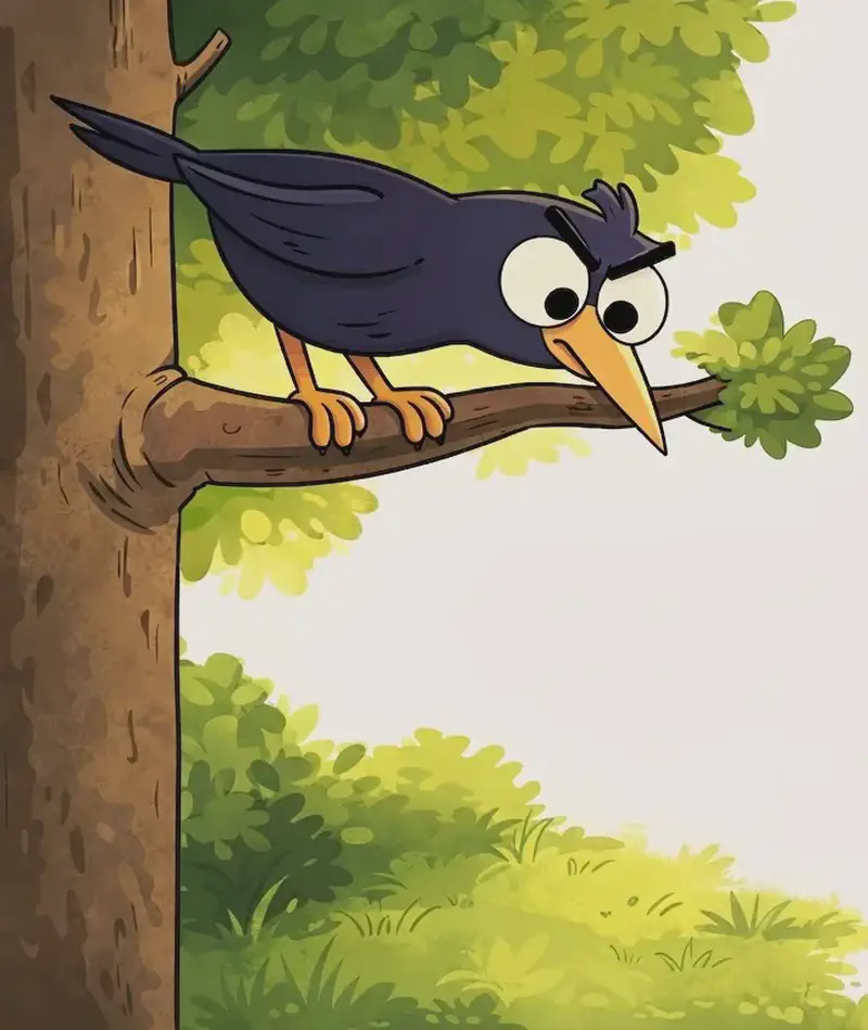 Crow is perched on a branch in the upper-left of the image, high up in a large tree, leaning forward with a curious, wide-eyed expression as he peers down at something below. On the ground beneath the tree, a small brown wooden sign or post sits in the grass, catching Crow's attention. The scene is set outdoors in a wooded area with lush green foliage and soft dappled light, with the right side of the image open as plain white background.