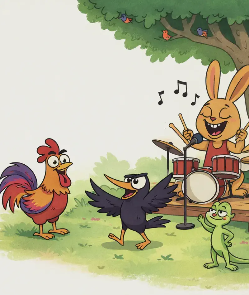 On the right side of the image, Rabbit sits behind a drum set on a wooden stage, singing into a microphone on a stand with eyes closed and mouth open joyfully, while playing the drums with drumsticks. Musical notes float above her head. Crow is in the center-right, wings spread wide as if dancing or cheering. Rooster stands to the left of Crow, looking on with an excited expression. Lizard stands upright nearby, watching the performance with one arm raised. The scene is set outdoors on a sunny grassy area beneath a large leafy tree, with small colorful birds perched in the branches above.
