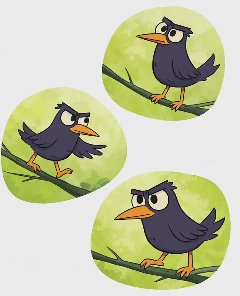 On the right side of the image, Crow is shown in three separate vignettes set against soft green leaf-shaped patches, depicting him flitting from branch to branch. In the top vignette, Crow perches upright on a branch with his head tilted, listening. In the middle vignette, Crow is mid-hop with wings slightly spread, leaning forward in motion along a branch. In the bottom-right vignette, Crow is shown in a close-up, perched on a branch with a curious, searching expression, beak pointed forward. The left side of the image is plain white background. The outdoor scene is bright and airy, suggesting daytime.