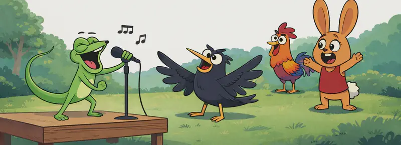 In the lower-left portion of the image, Lizard stands on a wooden stage, mouth wide open and singing enthusiastically into a microphone on a stand, with musical notes floating above her, belting it out like a rockstar. In the lower-center, Crow faces Lizard with wings spread wide, looking excited and cheering her on. Behind Crow to the right, Rooster perches and watches the performance, while Rabbit stands nearby with arms slightly raised and a happy smile, enjoying the show. The scene is set outdoors on a sunny day in a grassy park area with trees and colorful foliage on the left side, and open sky above.