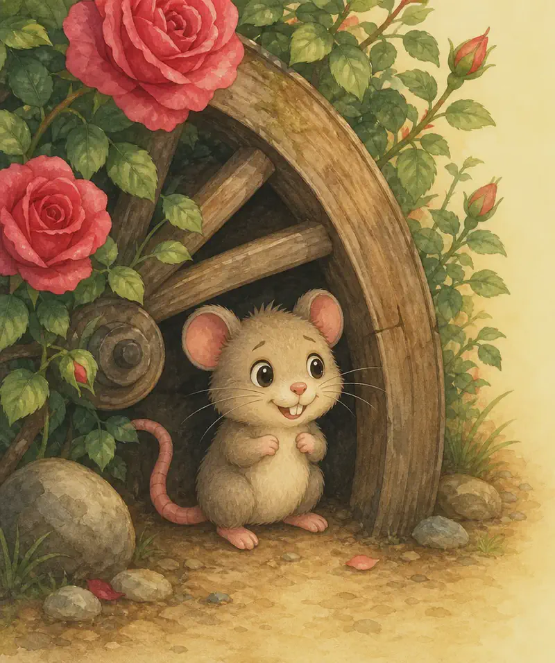 Introduce Ramón. Show him in a small cozy nook tucked under an old wooden wheel beside a rosebush. His big teeth, whiskers and long sock-like tail are clearly visible. His expression is alert and a little wary (foxes worry him), but he is safely in his corner. Mood: cozy hideout introduction.