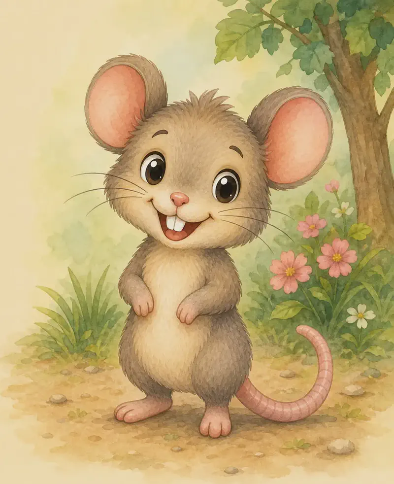 Ramón shown in a clear, illustrative pose so each feature is visible: he stands on his back paws, mouth slightly open to show his big teeth, whiskers fanned out, and his long sock-like tail trailing behind him. Setting: a small patch of ground in the park. Mood: a clean reference look at Ramón.