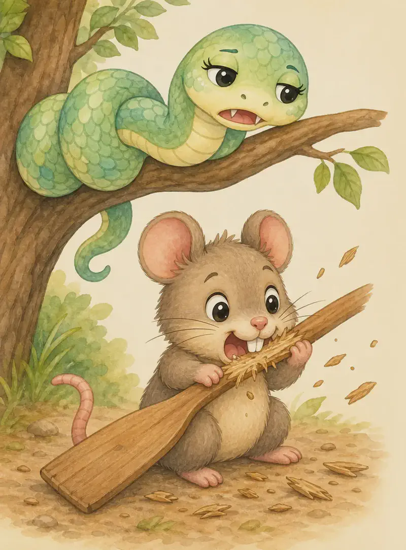Ramón sits on the ground gnawing energetically on the wooden oar with his big strong teeth — clearly making lots of noise. On a tree branch just above, Sara the snake has just woken up; she is coiled on the branch and looks at Ramón with a sleepy, slightly annoyed expression, fangs just visible. Mood: noisy interruption.