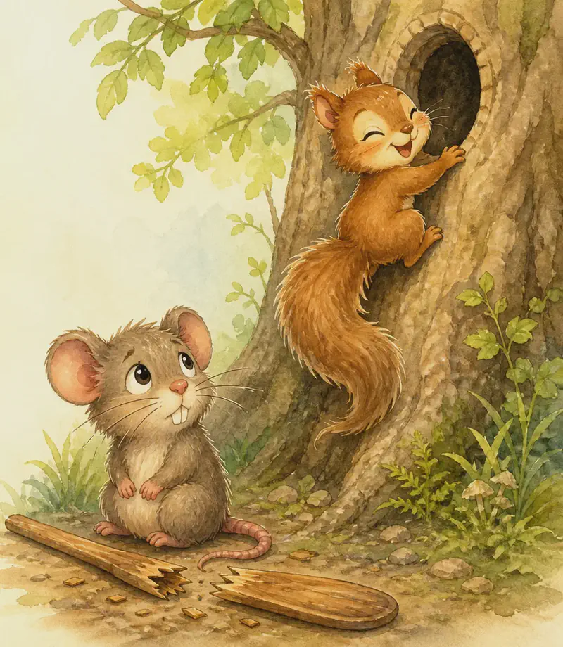 The wooden oar is now visibly broken/snapped on the ground. Ramón sits beside it looking up silently, almost guilty, without answering. Adela laughs softly as she climbs back up a tree trunk toward her hollow, tail trailing. Mood: gentle silent moment with the laughing squirrel heading home.
