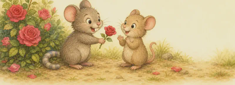 Ramón holds out a single red rose to Rita beside the rosebush. Rita laughs warmly as she receives the gift, paws gently lifted. The broken oar from earlier is just visible in the background or not shown — focus is on the warm gesture. Mood: sweet, redemptive, romantic-friendly.