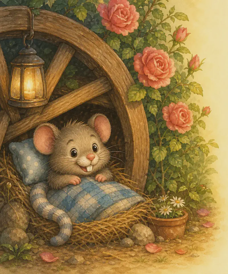 Closing image: Ramón is back in his cozy corner under the old wooden wheel beside the rosebush, settled in for the evening. He looks content and at peace. Mood: peaceful, satisfying closing page.