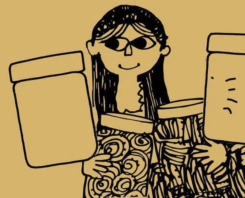 A girl with glasses and straight hair holds two jars comparing curly pasta shapes to straight pasta on a gold background.