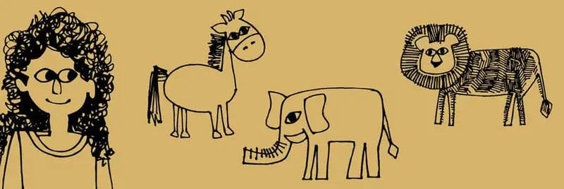 A girl with wild curly hair and glasses stands next to line drawings of a horse, elephant, and lion with a mane.