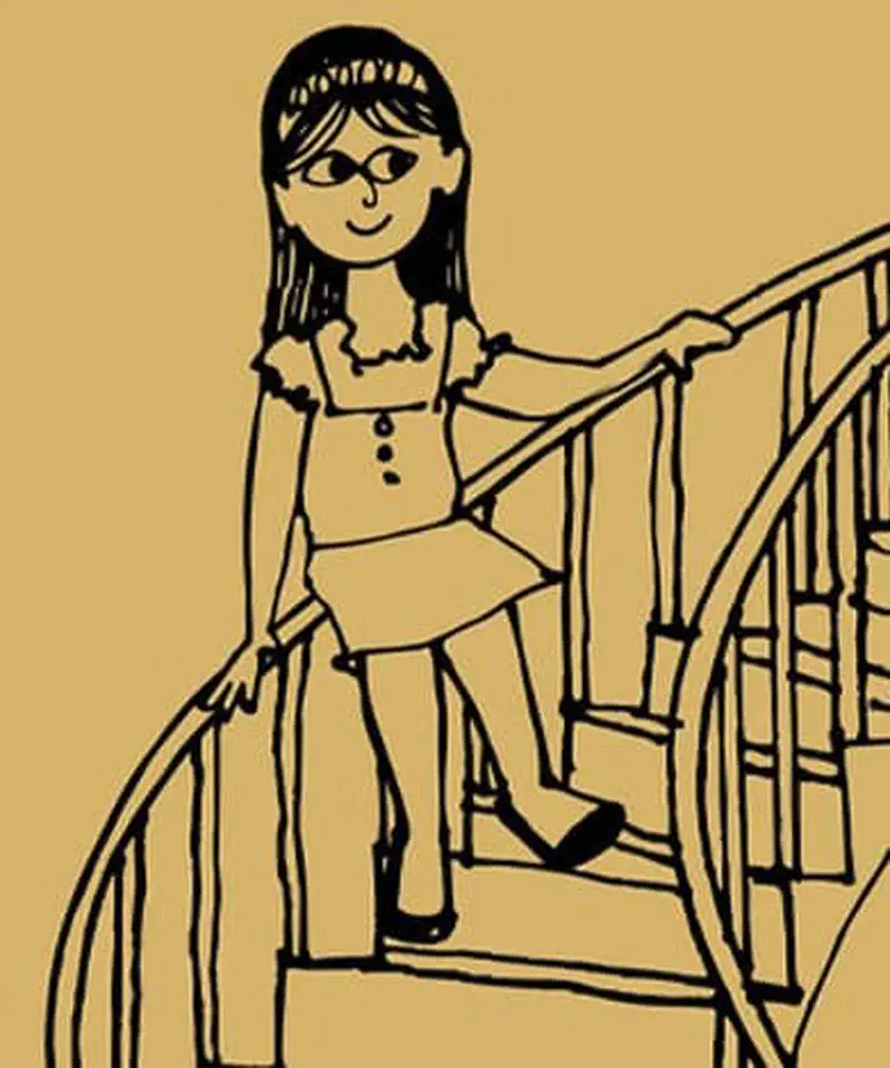 A girl with straight hair and glasses walks down a curving spiral staircase, drawn in black lines on gold background.