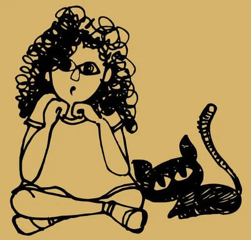 A girl with big curly hair and glasses sits cross-legged on the floor next to a black cat with a curled tail.