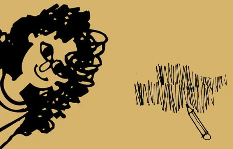 Close-up of a girl with very curly hair and glasses next to a pattern of straight vertical lines and a pencil.