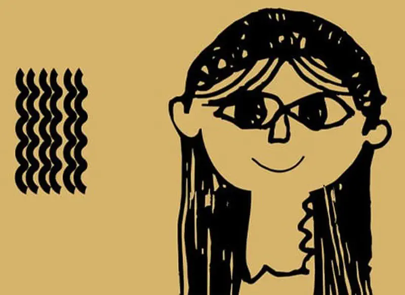 A girl with long straight hair and glasses smiles next to a pattern of wavy vertical lines on gold background.