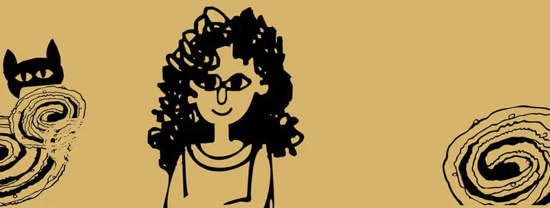 A girl with curly hair and glasses stands between two spiral swirl patterns, with a cat peeking from one spiral.
